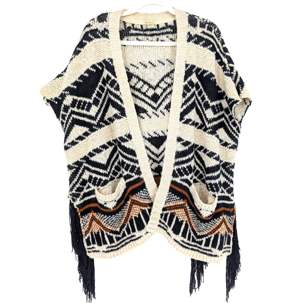 VTG Forever 21 Southwestern Fringe Ranch Aztec Equestrian Boho Sweater Poncho OS